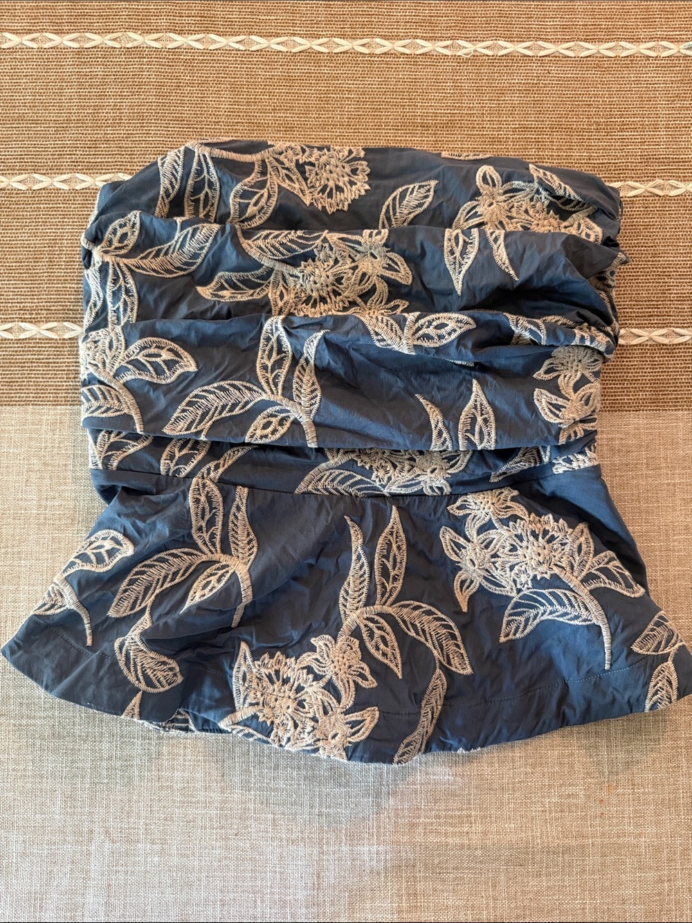 White House Black Market Blue Strapless Top with Cream Floral Embroidery
